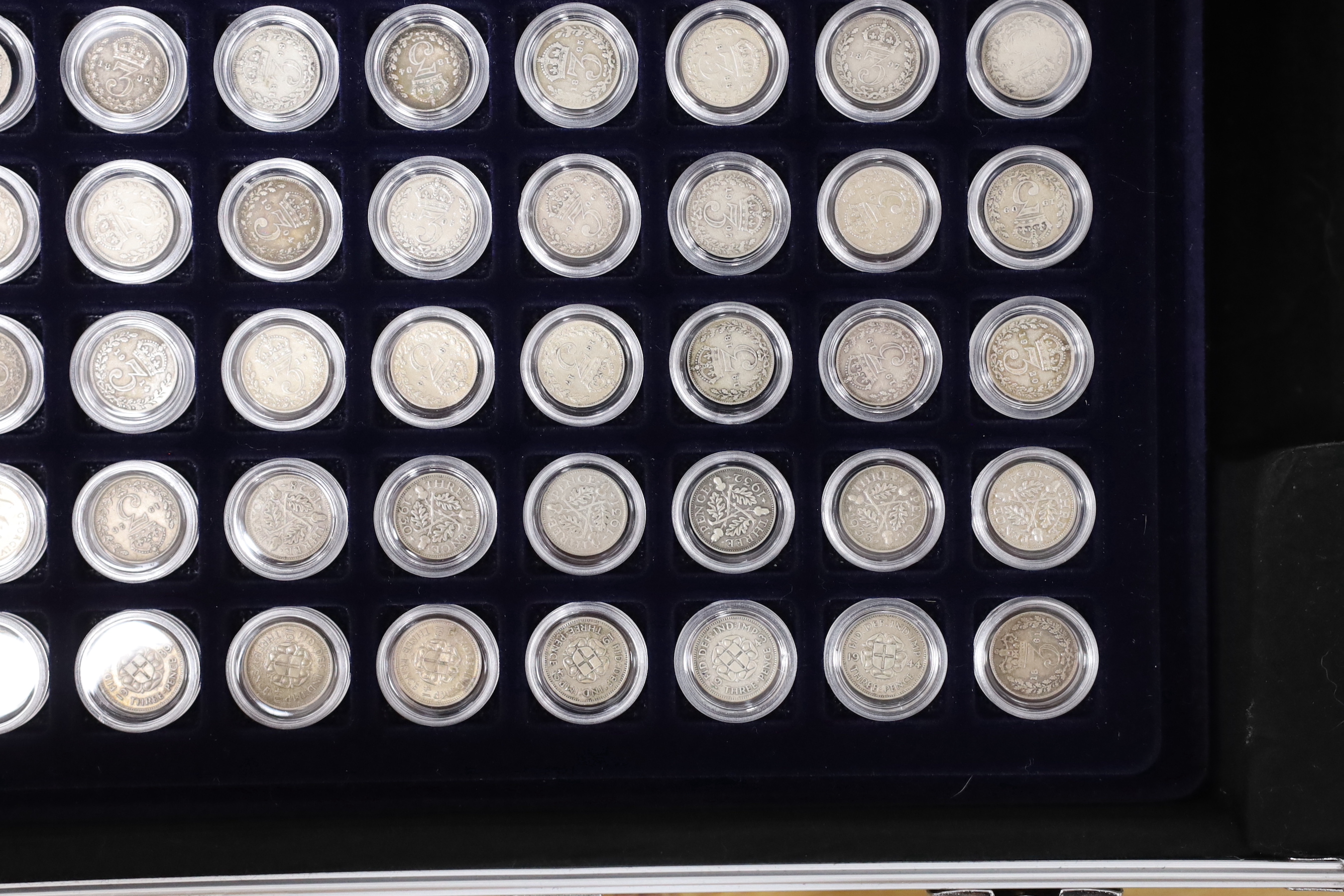 UK coins, a case of George IV 3d, fourpences and other coins